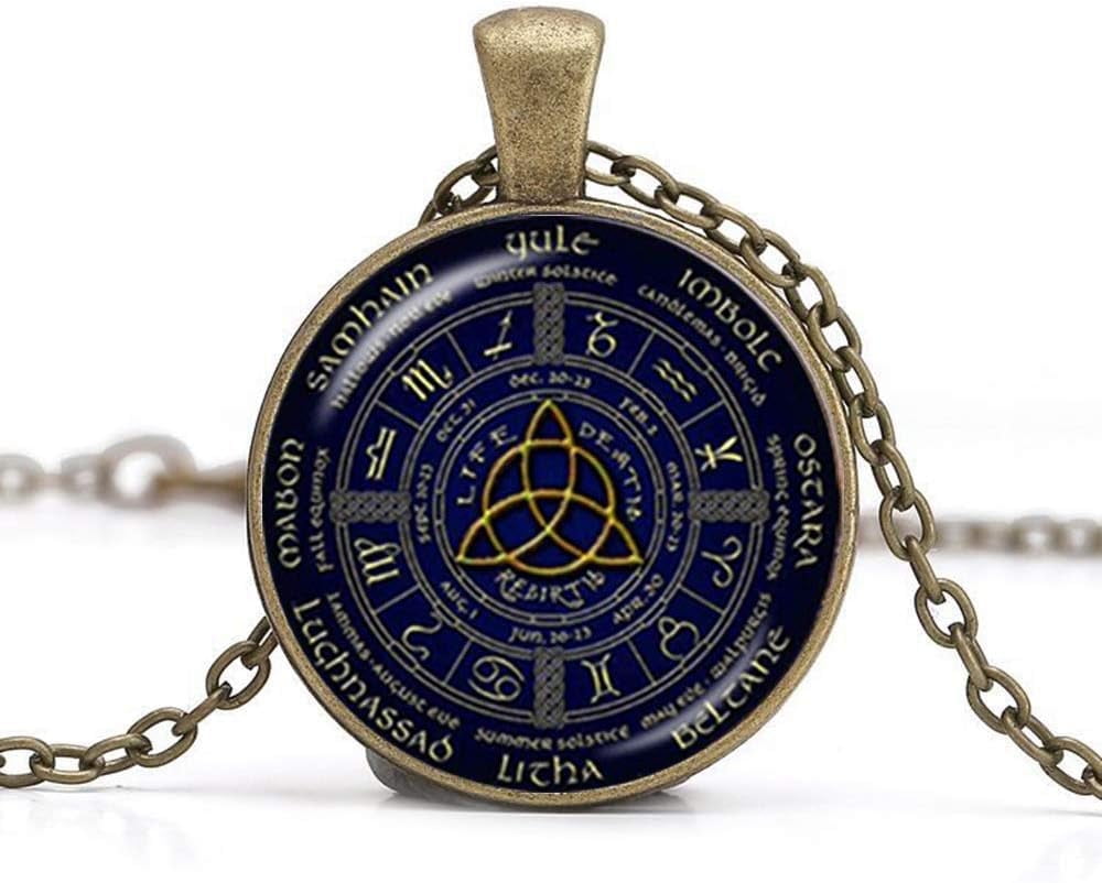 Wiccan Pentagram Pendant Necklaces Pagan Wheel of The Year Jewelry Gla
