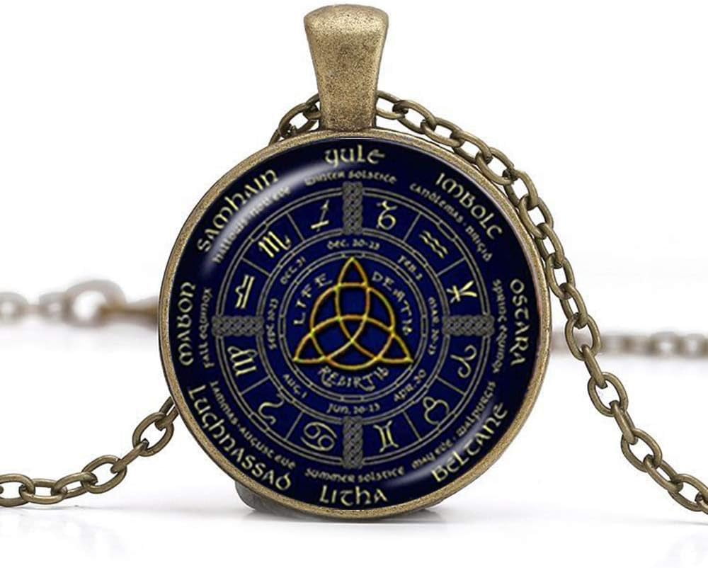 Wiccan Pentagram Pendant Necklaces Pagan Wheel of The Year Jewelry Gla