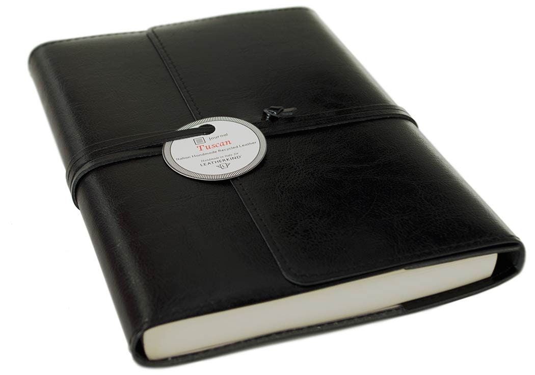 Tuscan Handmade Italian Recycled Leather Wrap Refillable Journal A5 Black (22cm x 16cm x 2cm) Can be Personalised!