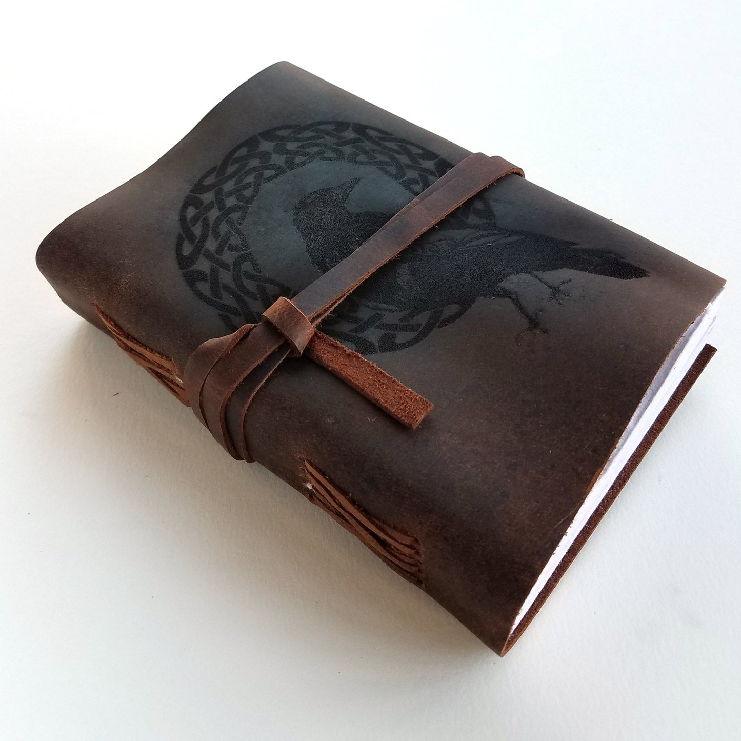 Celtic Raven Leather Journal, Free Personalization 5&quot; x 7&quot; Blank Buffalo Leather Journal With Unlined Paper