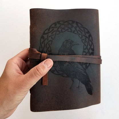 Celtic Raven Leather Journal, Free Personalization 5&quot; x 7&quot; Blank Buffalo Leather Journal With Unlined Paper