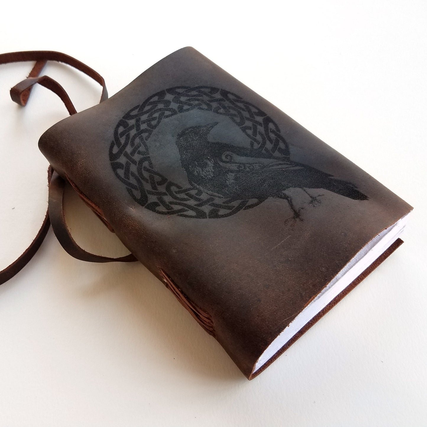 Celtic Raven Leather Journal, Free Personalization 5&quot; x 7&quot; Blank Buffalo Leather Journal With Unlined Paper