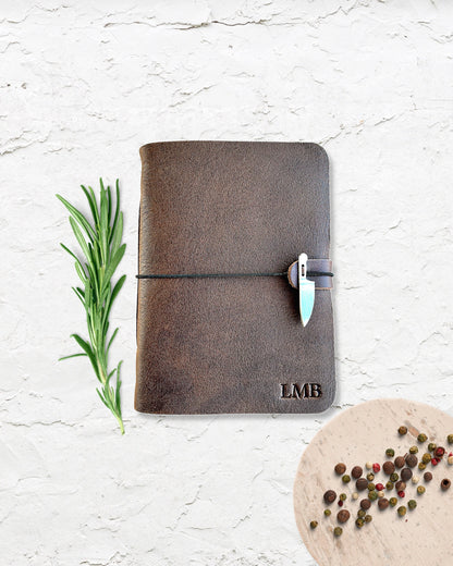 Personalized Leather Recipe Book in  Dark Brown with Knife Blank Cook Book Gift for Chef Dark Brown Bifold with Knife