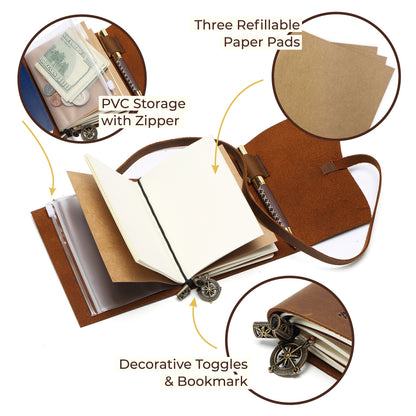 Small Pocket Refillable Travellers Notebook Handmade Leather Journal + Pen | Leather Journals | Leather-Bound Journal | Old & Travel Journal