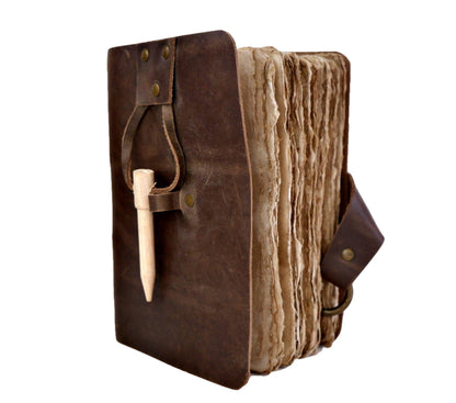 Handmade Vintage Leather-Bound Journal with Bamboo lock and handmade old deckle edge paper Best Quality Leather Sketchbook for her and him