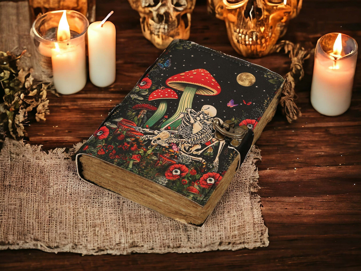 Blank Spell Book of Shadows  Mushroom Skull Skeleton  lovers Journal Witchcraft Tarot  Gothic Notebook Antique Vintage best gift for him her