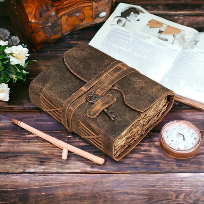 Vintage leather Journal with Key - Blank Spell Book of Shadows, Grimoire Journal, Travel Writing Notebook,  Antique Deckle Edge Paper,