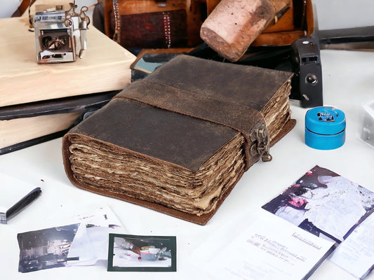 Vintage leather Journal - Blank Spell Book of Shadows, Grimoire Journal, Travel Writing Notebook,  Antique Deckle Edge Paper Lock Closure,