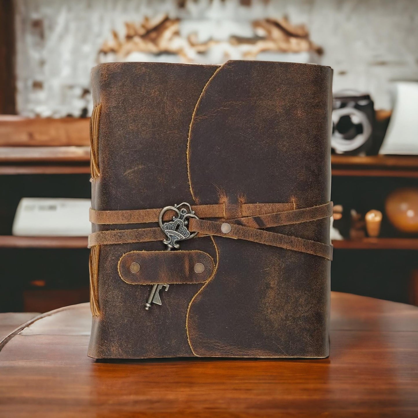 Vintage leather Journal with Key - Blank Spell Book of Shadows, Grimoire Journal, Travel Writing Notebook,  Antique Deckle Edge Paper,