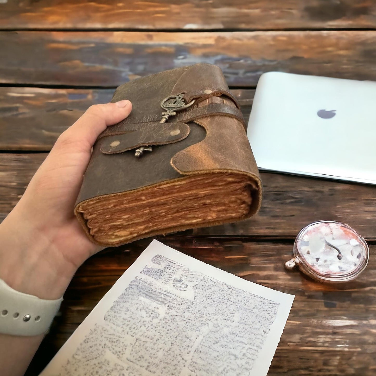 Vintage leather Journal with Key - Blank Spell Book of Shadows, Grimoire Journal, Travel Writing Notebook,  Antique Deckle Edge Paper,