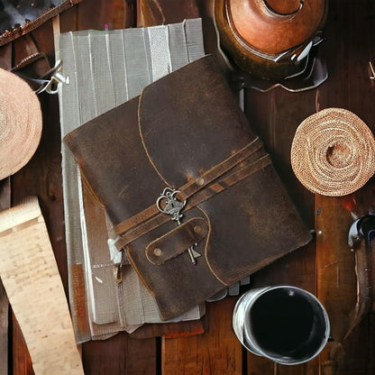 Vintage leather Journal with Key - Blank Spell Book of Shadows, Grimoire Journal, Travel Writing Notebook,  Antique Deckle Edge Paper,