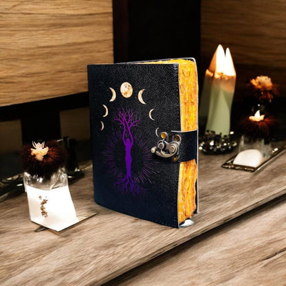 Mother of earth with moon phase handmade leather Journal deckle edge paper notebook Spell journal book of shadows leather grimoire 7x5 inch.