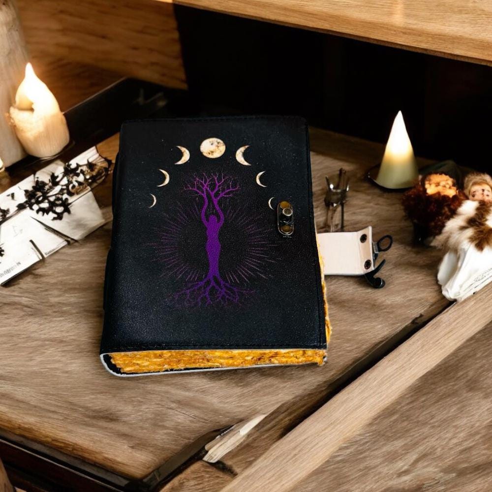 Mother of earth with moon phase handmade leather Journal deckle edge paper notebook Spell journal book of shadows leather grimoire 7x5 inch.