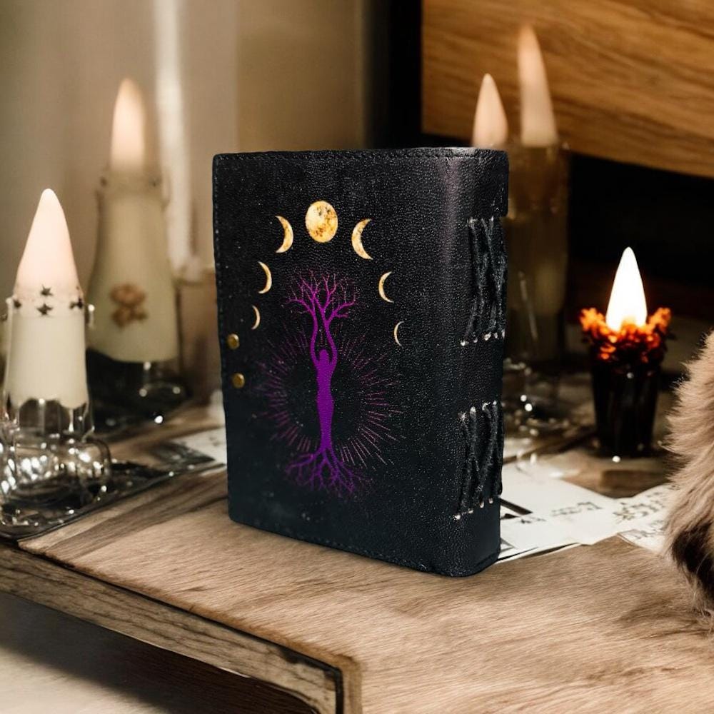 Mother of earth with moon phase handmade leather Journal deckle edge paper notebook Spell journal book of shadows leather grimoire 7x5 inch.