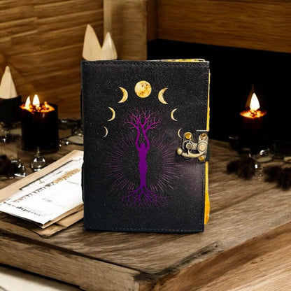 Mother of earth with moon phase handmade leather Journal deckle edge paper notebook Spell journal book of shadows leather grimoire 7x5 inch.