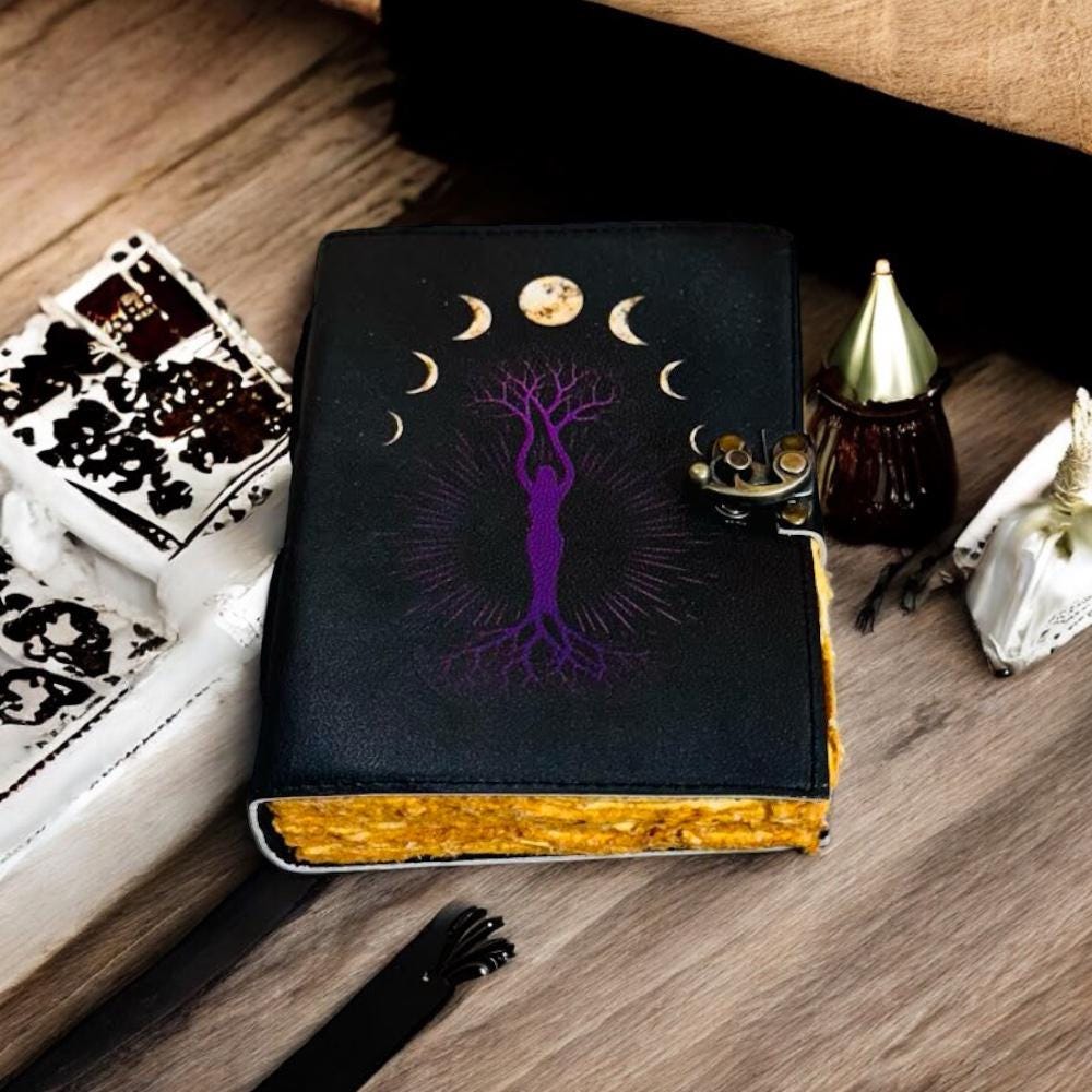 Mother of earth with moon phase handmade leather Journal deckle edge paper notebook Spell journal book of shadows leather grimoire 7x5 inch.