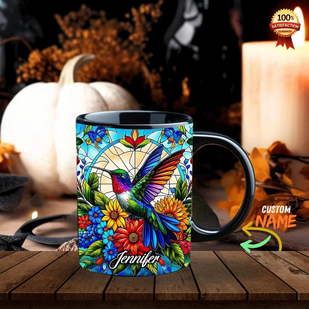 Personalized Hummingbird Flower Black Mug, Witchy Accent Coffee Cup, gifs for halloween, Wiccan Gifts, Witchcraft Teacup, Pagan Gift Idea